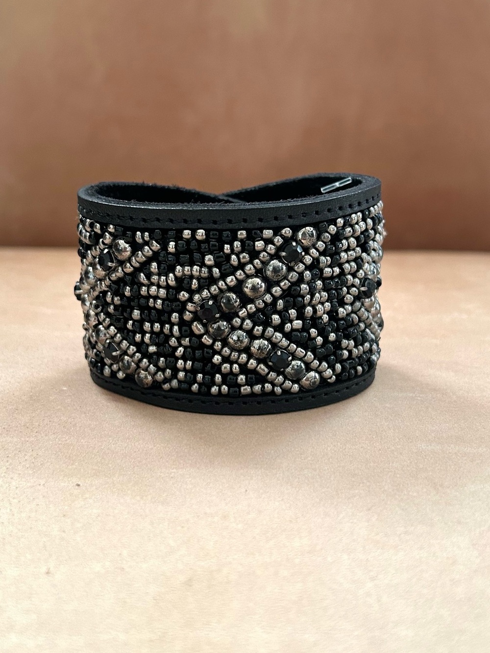 Shyanne Enchanted Forest Beaded Black Leather Adjustable Snap Cuff Bracelet
